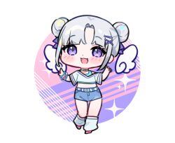 Rule 34 | 1girl, :d, ayatsuno yuni, blue shorts, blush, cheli (kso1564), chibi, commentary request, crop top, denim, denim shorts, double bun, full body, grey hair, hair bun, hair ornament, hairclip, hands up, index fingers raised, kneehighs, loose socks, midriff, open mouth, pink footwear, purple eyes, shirt, shoes, short shorts, short sleeves, shorts, smile, socks, solo, sparkle, standing, stellive, virtual youtuber, white shirt, white socks, x hair ornament