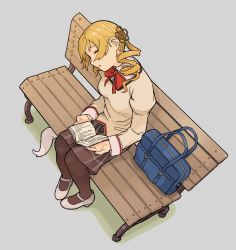 Rule 34 | 1girl, bag, unworn bag, bench, blonde hair, book, bow, bowtie, breasts, brown pantyhose, brown shirt, brown skirt, closed eyes, drill hair, female focus, from above, full body, grey background, hair ornament, hairpin, head tilt, holding, holding book, juliet sleeves, kyubey, long hair, long sleeves, mahou shoujo madoka magica, mary janes, medium breasts, mitakihara school uniform, on bench, open book, pantyhose, park bench, parted lips, pigeon-toed, plaid, plaid skirt, puffy sleeves, red bow, red bowtie, school bag, school uniform, shima (landsuzume), shirt, shoes, simple background, sitting, skirt, sleeping, sleeping upright, solo, tomoe mami, twin drills, twintails, white footwear