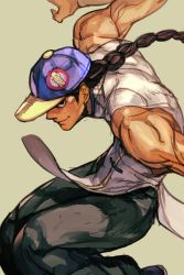 Rule 34 | 1boy, bare shoulders, baseball cap, black hair, black pants, braid, capcom, closed mouth, fighting stance, green background, hat, hungry clicker, long hair, male focus, muscular, pants, shirt, single braid, solo, street fighter, white shirt, yun lee
