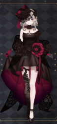 Rule 34 | 1girl, absurdres, anklet, argyle, argyle background, argyle clothes, bare shoulders, black dress, black flower, black footwear, black headwear, black rose, black thighhighs, butterfly tattoo, closed mouth, detached collar, dress, elf, elu (10th costume) (nijisanji), elu (nijisanji), facial tattoo, flower, full body, gloves, grey hair, hair flower, hair ornament, headband, high heels, highres, hoojiro, jewelry, lace-trimmed collar, lace trim, necklace, nijisanji, official art, pink flower, pink gloves, pink rose, pointy ears, purple eyes, rose, second-party source, single thighhigh, smile, solo, strapless, strapless dress, tachi-e, tattoo, thighhighs, virtual youtuber