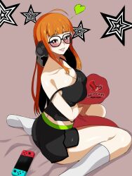 Rule 34 | 1girl, alternate breast size, alternate costume, arm under breasts, bare shoulders, behind-the-head headphones, black camisole, black shorts, blush, breasts, camisole, cleavage, glasses, grey background, headphones, heart, highres, holding, holding pillow, hyper.rxgue, large breasts, lips, long hair, looking at viewer, nintendo switch, orange hair, parted lips, persona, persona 5, pillow, purple eyes, sakura futaba, short shorts, shorts, sitting, socks, solo, spoken heart, star (symbol), strap slip, thighs, wariza, white socks