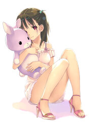 Rule 34 | 1girl, blush, breasts, brown hair, closed mouth, collarbone, convenient leg, dress, feet, frilled dress, frills, full body, hair ornament, holding, knees together feet apart, knees up, koutaro, legs, medium breasts, one side up, original, red eyes, sandals, shadow, short sleeves, simple background, sitting, smile, solo, strappy heels, stuffed animal, stuffed rabbit, stuffed toy, thighs, toenails, toes, white background, white dress