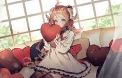 Rule 34 | 1girl, ahoge, animal ears, arknights, blush, bow, brown hair, brown thighhighs, closed mouth, curled horns, curtains, dress, eyjafjalla (arknights), frilled dress, frills, hands up, heart, heart-shaped pillow, highres, holding, holding pillow, horns, long hair, long sleeves, looking at viewer, pillow, puffy long sleeves, puffy sleeves, red bow, red eyes, rimsuk, sheep ears, sheep horns, sitting, smile, solo, thighhighs, transparent, very long hair, white dress, window