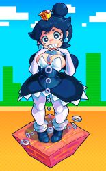 Rule 34 | 1girl, blue hair, blue sky, breasts, chain chomp, collar, commentary, dark blue hair, day, dress, earrings, elbow gloves, english commentary, facing viewer, full body, gloves, grin, hands up, highres, jewelry, large breasts, looking at viewer, mario (series), new super mario bros. u deluxe, nintendo, outdoors, pantyhose, princess chain chomp, sharp teeth, simple background, sky, smile, solo, spudenski, standing, super crown, teeth, white gloves, white pantyhose
