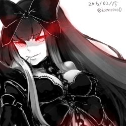 Rule 34 | 10s, 1girl, 2016, abyssal ship, bad id, bad pixiv id, bare shoulders, biting hair, black bow, black hair, bow, breasts, choker, cointreau, colored skin, female focus, glowing, glowing eyes, gothic lolita, hair bow, highres, kantai collection, large breasts, lolita fashion, looking at viewer, monochrome, red eyes, seaplane tender princess, smile, solo, spot color, white skin