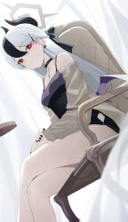 Rule 34 | 1girl, absurdres, bare legs, black choker, black dress, black hair, black nails, blue archive, choker, closed mouth, crossed legs, dress, ear piercing, feet out of frame, from below, grey hair, hair behind ear, halo, hand on own thigh, highres, horns, jacket, kayoko (blue archive), kayoko (dress) (blue archive), long sleeves, low wings, multicolored hair, open clothes, open jacket, piercing, red eyes, short dress, sitting, sleeveless, sleeveless dress, solo, streaked hair, wings, zhihuigugudegezi