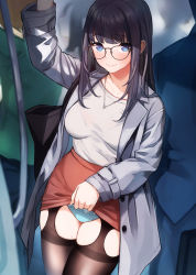 Rule 34 | 1girl, arm up, bag, black hair, black thighhighs, blue eyes, blush, bra visible through clothes, clothes lift, commentary request, doushimasho, garter straps, glasses, green panties, grey jacket, handbag, jacket, jewelry, long hair, miniskirt, necklace, open clothes, open jacket, original, panties, public indecency, red skirt, see-through, shirt, skirt, skirt lift, smile, sweatdrop, thighhighs, train interior, underwear, white shirt