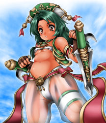 Rule 34 | 1041 (toshikazu), 1girl, bare shoulders, belt, blush, bow, braid, breasts, brown eyes, choker, dark-skinned female, dark skin, day, fingerless gloves, flat chest, from below, gloves, gold trim, green eyes, green hair, hat, holding, holding weapon, knife, long hair, looking down, matching hair/eyes, navel, outdoors, panties, revealing clothes, ribbon, see-through, sky, small breasts, solo, soul calibur, soulcalibur, soulcalibur iv, sword, talim, twin braids, underboob, underwear, weapon