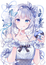 Rule 34 | 1girl, :q, \||/, bare shoulders, black bow, blue bow, blue eyes, blue hairband, blue nails, blue theme, blush, bow, butterfly hair ornament, closed mouth, collarbone, commentary, dot nose, doughnut, food, grey hair, hair bow, hair intakes, hair ornament, hairband, hands up, head tilt, heart, heterochromia, high-waist skirt, highres, holding, holding food, icing, long bangs, long hair, looking at viewer, low twintails, nail polish, off-shoulder shirt, off shoulder, original, plaid, plaid skirt, purple eyes, raised eyebrows, shirt, shirt tucked in, sidelocks, signature, skirt, smile, solo, straight-on, taya oco, tongue, tongue out, twintails, white shirt, wrist cuffs