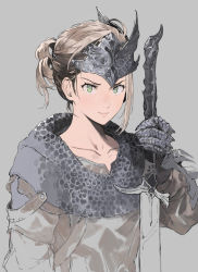 Rule 34 | 1girl, armor, blush, brown hair, chainmail, closed mouth, collarbone, gauntlets, green eyes, grey background, highres, hirooka masaki, holding, holding sword, holding weapon, light blush, long hair, original, simple background, sketch, smile, solo, sword, upper body, weapon