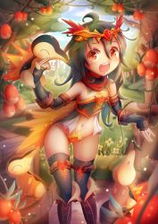 Rule 34 | 1girl, :d, ahoge, arm warmers, bai qiao, bare shoulders, berry (pokemon), black hair, black thighhighs, brown eyes, brown footwear, circlet, creatures (company), cyndaquil, flat chest, flower, food, forest, fruit, game freak, gen 2 pokemon, groin, highres, leppa berry, midriff, moemon, nature, navel, nintendo, open mouth, outdoors, personification, pokemon, pokemon (creature), smile, standing, thigh gap, thighhighs