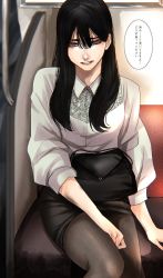 Rule 34 | 1girl, bag, black hair, black skirt, brown pantyhose, closed mouth, collared shirt, eyeshadow, grey eyes, hair between eyes, highres, hoshi san 3, long sleeves, looking at viewer, makeup, miniskirt, mole, mole under eye, mole under mouth, office lady, original, pantyhose, parted lips, pencil skirt, shirt, simple background, sitting, skirt, solo, train interior, translation request, white background, white shirt, wing collar