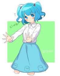 Rule 34 | 1girl, :o, alternate costume, bad id, bad twitter id, blue eyes, blue hair, blush, blush stickers, collar, collared shirt, cropped legs, dress shirt, flying sweatdrops, frilled collar, frilled shirt collar, frills, hair bobbles, hair ornament, hat, kawashiro nitori, long sleeves, looking at viewer, matching hair/eyes, no headwear, no headwear, open mouth, outstretched arms, palms, pocket, shirt, short hair, skirt, solo, tori (otori), touhou, twintails, twitter username, two side up, white shirt