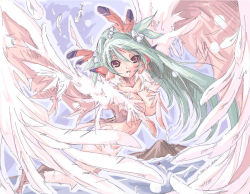 Rule 34 | 1girl, animal ears, bad id, bad pixiv id, blush, breasts, endou chihiro, feathers, green hair, harpy, large breasts, looking at viewer, monster girl, smile, solo, winged arms, wings