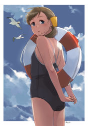 Rule 34 | 1girl, :o, arms behind back, bird, blonde hair, blue eyes, blush, border, cloud, competition school swimsuit, innertube, interlocked fingers, kantai collection, makio (makiomeigenbot), one-piece swimsuit, open mouth, ponytail, school swimsuit, seagull, shin&#039;you (kancolle), signature, sky, solo, swim ring, swimsuit, white border