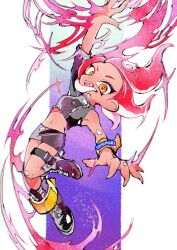 Rule 34 | 1girl, :d, agent 8 (splatoon), anklet, arm up, artist name, black footwear, black shirt, black skirt, blue background, boots, booyah bomb (splatoon), commentary request, crop top, fangs, floating hair, full body, gradient background, highres, jewelry, leg belt, long hair, midriff, miniskirt, navel, nintendo, octoling, octoling girl, octoling player character, open mouth, orange eyes, outside border, outstretched arms, pillarboxed, purple background, red hair, satomori, shirt, single sleeve, skirt, smile, solo, splatoon (series), suction cups, teeth, tentacle hair, upper teeth only, wristband, zipper, zipper pull tab