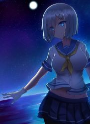Rule 34 | 10s, 1girl, bad id, bad twitter id, blue eyes, blue skirt, breasts, eyebrows, eyes visible through hair, gloves, hair ornament, hair over one eye, hairclip, hamakaze (kancolle), kantai collection, large breasts, looking at viewer, midriff, moon, navel, night, night sky, ocean, pantyhose, school uniform, serafuku, short sleeves, silver hair, skirt, sky, smile, solo, star (symbol), white gloves, wosero