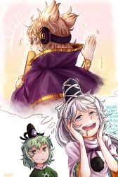 Rule 34 | 3girls, absurdres, black headwear, blonde hair, blush, bow, bracelet, breasts, cloak, closed mouth, dress, earmuffs, from behind, gradient background, green dress, green eyes, green hair, grey hair, hair between eyes, hands on own face, hands up, hat, highres, japanese clothes, jewelry, kariginu, long hair, long sleeves, looking at another, looking at viewer, looking up, medium breasts, mononobe no futo, multicolored background, multiple girls, open mouth, pink background, pink dress, pointy ears, pom pom (clothes), ponytail, purple bow, purple cloak, purple eyes, shaded face, shirt, short hair, sleep (isliping), smile, soga no tojiko, star (symbol), teeth, thinking, tongue, touhou, toyosatomimi no miko, white background, white hair, white shirt, wide sleeves, yellow background