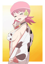 Rule 34 | 1girl, animal print, backlighting, bell, black choker, blush, breasts, choker, closed eyes, commentary request, cow print, cowboy shot, creatures (company), ear tag, from side, game freak, highres, japanese clothes, kimono, kimono pull, large breasts, long sleeves, low twintails, makoto daikichi, medium hair, neck bell, nintendo, one-piece swimsuit, partial commentary, pink hair, pokemon, pokemon gsc, print kimono, print swimsuit, pulled by self, slingshot swimsuit, solo, sunlight, sweat, swimsuit, twintails, undressing, white kimono, white one-piece swimsuit, whitney (pokemon)
