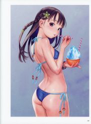 Rule 34 | 1girl, absurdres, arched back, ass, bikini, blue background, blue bikini, bracelet, braid, breasts, brown eyes, brown hair, cowboy shot, drinking straw, eating, flat ass, food, from side, gradient background, hair ornament, highres, jewelry, long hair, looking at viewer, looking back, mouth hold, murata range, original, page number, scan, shaved ice, side-tie bikini bottom, side braid, skindentation, small breasts, solo, standing, swimsuit