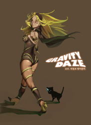 Rule 34 | 1girl, 1other, ass, bad id, bad pixiv id, bare shoulders, black cat, blonde hair, breasts, cat, copyright name, dark-skinned female, dark skin, dress, dusty (gravity daze), from behind, gravity daze, high heels, jellytits-7, kitten (gravity daze), leg warmers, leotard, long hair, medium breasts, one eye closed, red eyes, scarf, shoes, simple background, solo focus, strapless, strapless dress, vambraces, wink