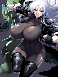 Rule 34 | 1girl, alisabeth zweiser, black bodysuit, black footwear, black jacket, bodysuit, boots, bouncing breasts, breasts, clenched hand, covered collarbone, covered erect nipples, covered navel, cropped jacket, floating hair, gloves, glowing, glowing eye, green eyes, grey hair, haganef, hair between eyes, highres, huge breasts, jacket, looking to the side, mecha, open mouth, original, partially fingerless gloves, robot, science fiction, skin tight, thigh boots, v-shaped eyebrows, yellow eyes