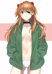 Rule 34 | 1girl, absurdres, blue eyes, breasts, closed mouth, collar, collarbone, commentary request, cowboy shot, evangelion: 3.0+1.0 thrice upon a time, eyepatch, frown, gluteal fold, green jacket, hair between eyes, hair ornament, hands in pockets, highres, hood, hood down, jacket, legs apart, long hair, looking at viewer, m.tokotsu, medium breasts, navel, neon genesis evangelion, no shirt, open clothes, open jacket, panties, pink background, rebuild of evangelion, red collar, solo, souryuu asuka langley, standing, underwear, white background, white panties