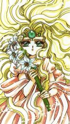 Rule 34 | 1990s (style), 1girl, blonde hair, circlet, clamp, dress, emeraude (rayearth), flower, gem, green eyes, lily (flower), long hair, magic knight rayearth, official art, retro artstyle, scan, solo, very long hair