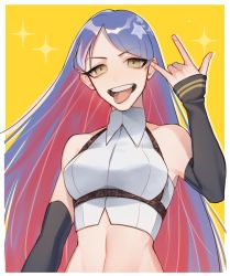 Rule 34 | 1girl, \m/, blue hair, breasts, crop top, detached sleeves, highres, kantai collection, long hair, looking at viewer, medium breasts, midriff, multicolored hair, open mouth, red hair, simple background, solo, south dakota (kancolle), sparkle, su konbu, tongue, tongue out, upper body, very long hair, white hair, yellow background, yellow eyes