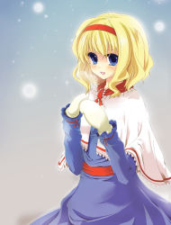 Rule 34 | 1girl, alice margatroid, blonde hair, blue eyes, dot r, female focus, gradient background, hairband, mittens, short hair, solo, touhou