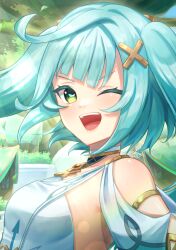 Rule 34 | 1girl, ;d, absurdres, aqua hair, bare shoulders, breasts, clothing cutout, colored eyelashes, commentary, faruzan (genshin impact), genshin impact, green eyes, highres, long hair, looking at viewer, one eye closed, open mouth, shoulder cutout, small breasts, smile, solo, twintails, upper body, wakame1441