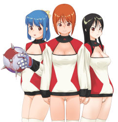 Rule 34 | 3girls, ball, bandaid, bandaid on pussy, black hair, blood, blue hair, bottomless, bow, breasts, brown eyes, cleavage cutout, clothing cutout, gloves, hair bow, large breasts, long hair, looking at viewer, makochin, multiple girls, orange hair, original, short hair, simple background, small breasts, white background