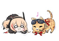 Rule 34 | 2girls, :3, all fours, animal ears, black jacket, blonde hair, blush stickers, cat, cat ears, cat tail, chibi, chika (keiin), closed eyes, closed mouth, commentary request, eyewear on head, girls&#039; frontline, gloves, hair between eyes, hair ornament, headgear, jacket, kalina (girls&#039; frontline), kalinya, long hair, long sleeves, m4 sopmod ii jr, motion lines, multicolored hair, multiple girls, musical note, open mouth, red hair, red ribbon, ribbon, simple background, smile, streaked hair, sunglasses, tail, white background