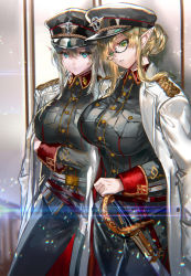 Rule 34 | 2girls, black headwear, blonde hair, blue eyes, breasts, closed mouth, coat, elf, glasses, green eyes, grey hair, hat, highres, large breasts, long hair, long sleeves, looking at viewer, military, military hat, military uniform, multiple girls, original, parted lips, pointy ears, ran&#039;ou (tamago no kimi), sword, uniform, weapon, white coat