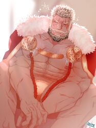 Rule 34 | 1boy, absurdres, balor (housamo), bara, bare pectorals, beard, bulge, cape, chest hair, facial hair, feet out of frame, fur-trimmed cape, fur trim, highres, large pectorals, male focus, male underwear, mature male, multicolored hair, muscular, muscular male, navel, navel hair, nipples, official alternate costume, pectorals, route (ealger50703), scar, scar on arm, scar on chest, scar on leg, short hair, sitting, solo, squeans, stomach, tokyo houkago summoners, tusks, two-tone beard, two-tone hair, underwear, waking up, yellow male underwear