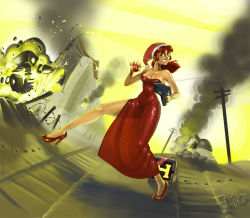 Rule 34 | 1girl, alternate costume, bare legs, bare shoulders, bauble, breasts, christmas, christmas ornaments, cleavage, clenched teeth, dress, dutch angle, earrings, explosion, explosive, female focus, fio germi, formal, glasses, grenade, gun, hat, high heels, jewelry, legs, long legs, mario grant, metal slug, military, military vehicle, motor vehicle, mouth pull, ponytail, power-up, red dress, red hair, santa hat, shiny clothes, side slit, smoke, smoking barrel, solo, standing, strapless, strapless dress, submachine gun, tank, teeth, vehicle, war, weapon
