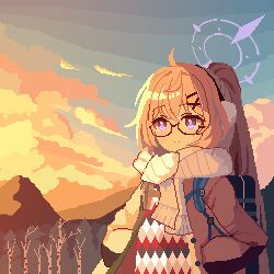 Rule 34 | 1girl, ahoge, backpack, bag, black-framed eyewear, blonde hair, blue archive, buttons, closed mouth, cloud, cloudy sky, earmuffs, glasses, hair between eyes, halo, hands in pockets, jacket, kotama (blue archive), kotama (camp) (blue archive), long hair, long sleeves, official alternate costume, official alternate hairstyle, open clothes, open jacket, outdoors, pixel art, ponytail, purple eyes, purple halo, scarf, sky, smile, solo, tinia etru, upper body, white scarf, yellow jacket