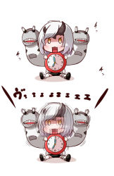 Rule 34 | &gt;:d, 10s, 1girl, :d, abyssal ship, alarm clock, blush, chibi, clock, commentary request, fangs, heavy cruiser princess, himano (himano n), horns, kantai collection, multiple views, open mouth, shaking, smile, teeth, trembling, v-shaped eyebrows, white hair, yellow eyes