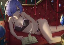 Rule 34 | 1girl, :o, bare arms, bare legs, black bra, blue eyes, blue hair, blunt bangs, book, bra, breasts, candle, cleavage, clothing cutout, collarbone, commentary, commission, couch, crystal, english commentary, frilled bra, frilled panties, frills, hair ornament, hair over one eye, headdress, heart cutout, lamp, light particles, looking at viewer, lying, medium breasts, nev (nevblindarts), on side, open mouth, pages, panties, petals, re:zero kara hajimeru isekai seikatsu, rem (re:zero), rose petals, short hair, solo, streamers, string panties, thighs, underwear, underwear only, x hair ornament, yarn, yarn ball