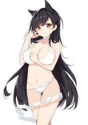 Rule 34 | 1girl, absurdres, animal ears, atago (azur lane), atago (summer march) (azur lane), atago (summer march) (azur lane), azur lane, bad id, bad pixiv id, bikini, black hair, breasts, catnnn, choker, cleavage, extra ears, female focus, halterneck, highres, large breasts, long hair, mole, mole under eye, ribbon, sarong, see-through, simple background, solo, swept bangs, swimsuit, very long hair, white background, white bikini, white choker, white ribbon, yellow eyes