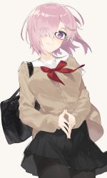 Rule 34 | 1girl, alternate costume, bag, black pantyhose, black skirt, blush, cardigan, closed mouth, cowboy shot, fate/grand order, fate (series), hair over one eye, hayashi kewi, looking at viewer, mash kyrielight, own hands together, pantyhose, pleated skirt, short hair, shoulder bag, simple background, skirt, smile, solo, thighband pantyhose, tsurime, white background