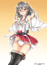 Rule 34 | 10s, 1girl, bare shoulders, black hair, blush, bow, bow panties, brown eyes, detached sleeves, hairband, haruna (kancolle), highres, japanese clothes, kantai collection, kono (uiyoyo199), long hair, nontraditional miko, panties, skirt, solo, striped clothes, striped panties, thighhighs, underwear