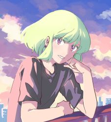 Rule 34 | city below, earrings, green hair, hand on own cheek, hand on own face, highres, jewelry, lio fotia, male focus, morotomo (natsume), promare, purple eyes, shirt, short hair, smile, solo, sunset, t-shirt
