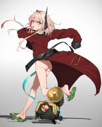 Rule 34 | 1girl, ass, banana (girls&#039; frontline), blush, bottomless, coat, girls&#039; frontline, green footwear, grey background, griffin &amp; kryuger military uniform, headgear, highres, long sleeves, m4 sopmod ii (girls&#039; frontline), megaphone, messy hair, multicolored hair, ngs, oversized clothes, pink hair, red coat, red eyes, red hair, running, sandals, sd bigpie, shadow, short hair with long locks, simple background, sleeves past fingers, sleeves past wrists, streaked hair, sweat, tongue, tongue out