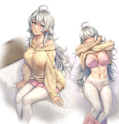 Rule 34 | 1girl, ahoge, blue eyes, blush, bra, breasts, collarbone, grey hair, hair between eyes, highres, jewelry, kantai collection, kokuzou, large breasts, long hair, long sleeves, multiple views, navel, necklace, off-shoulder sweater, off shoulder, open mouth, pantyhose, pink bra, pink skirt, pleated skirt, skirt, sweater, underwear, washington (kancolle), white pantyhose, yellow sweater