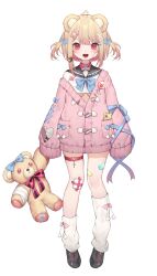 Rule 34 | 1girl, :d, absurdres, ahoge, animal ears, badge, bandaid, bandaid hair ornament, bandaid on leg, bear ears, bear hair ornament, black bow, black bowtie, blonde hair, blue bow, blue ribbon, blush, bob cut, bow, bow legwear, bowtie, breasts, brown footwear, button badge, cellphone, collar, cropped shirt, full body, gauze, gauze on cheek, gauze on knee, grey sailor collar, hair bow, hair ornament, hairpin, heart, heart ahoge, heart o-ring, highres, holding, holding stuffed toy, ichigotani ami, jacket, kneehighs, knees together feet apart, lace-up sleeves, loafers, looking at viewer, loose socks, medium breasts, moriyama meiko, o-ring, o-ring thigh strap, object in pocket, official art, open mouth, partially unbuttoned, phone, pill hair ornament, pink bow, pink collar, pink eyes, pink jacket, pocket, ribbon, sailor collar, school uniform, serafuku, shoes, short hair, sidelocks, single off shoulder, skindentation, sleeves past fingers, sleeves past wrists, smartphone, smile, socks, solo, standing, stardust project, stuffed animal, stuffed toy, sweater jacket, tachi-e, teddy bear, teeth, thigh strap, tongue, transparent background, two side up, underboob, virtual youtuber, white serafuku, white socks, x hair ornament