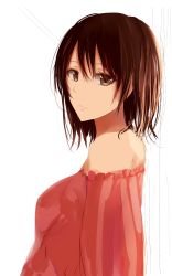 Rule 34 | 10s, 1girl, absurdres, bare shoulders, black hair, breasts, brown eyes, brown hair, hair between eyes, highres, large breasts, looking at viewer, ponpon (ponpon62126), red sweater, short hair, simple background, solo, upper body, yahari ore no seishun lovecome wa machigatteiru., yukinoshita haruno