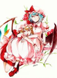 Rule 34 | 2girls, bad id, bad pixiv id, bat wings, blonde hair, blue hair, brooch, colored pencil (medium), dress, female focus, flandre scarlet, flower, hat, hat ribbon, hino mamori, jewelry, looking at viewer, marker (medium), multiple girls, pink dress, puffy sleeves, red dress, red eyes, remilia scarlet, ribbon, short hair, short sleeves, siblings, sisters, sitting, smile, smug, tongue, tongue out, touhou, traditional media, wings, wrist cuffs, wrist ribbon