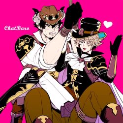 Rule 34 | 2boys, animal ears, ascot, barawa, beard, blush, boots, bound, bound wrists, brown pants, chat noir (granblue fantasy), cow boy, cow ears, cow horns, draph, facial hair, goatee, granblue fantasy, hat, heart, horns, male focus, mature male, multiple boys, muscular, muscular male, one eye closed, pants, pectorals, rope, round eyewear, short hair, sitting, sitting on lap, sitting on person, sleeves rolled up, top hat, torihuhu
