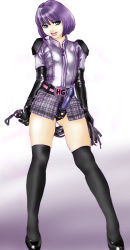 Rule 34 | 1girl, black gloves, black thighhighs, contrapposto, dildo, elbow gloves, female focus, femdom, gankisuki, gloves, gradient background, green eyes, highres, hit-girl, kick-ass, latex, latex gloves, light smile, looking at viewer, microskirt, plaid, plaid skirt, purple hair, sex toy, short hair, skirt, solo, standing, strap-on, thighhighs, whip, zettai ryouiki